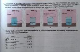 3. Umut hava ve su direncinin büyüklükleri arasındaki ilişkiyi, Bahar ise hava direncinin bir cismin hız
değişimine etkisini incelemek istiyor. Bu amaçla verilen düzenekler kullanılarak, özdeş silgiler eşit yük-
seklikten aynı anda serbest bırakılacak ve silgilerin kap tabanlarına ulaşma süreleri ölçülecektir.
Silgi
Silgi
Hava
1 kg su
B)
C)
D)
Hava
Umut
III ve IV
I ve III
I ve II
I ve II
Boş kap
Havasız
Bahar
I ve IV
Il ve IV
I ve III
II ve III
Silgi
Boş kap
Havasız
1
11
Kaplar özdeş olduğuna göre Umut ve Bahar'ın kullanmaları gereken düzenekler aşağıdakilerden
hangisinde doğru verilmiştir?
1 kg su
IV
Silgi
1