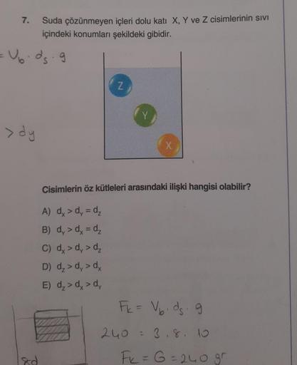 7.
= Ub. ds.g
> dy
Suda çözünmeyen içleri dolu katı X, Y ve Z cisimlerinin sivi
içindeki konumları şekildeki gibidir.
18d
Z
Y
X
Cisimlerin öz kütleleri arasındaki ilişki hangisi olabilir?
A) dx > d=d₂
B) dy > dx = d₂
C) dx > dy > dz
D) d₂ > dy > dx
E) d₂>d