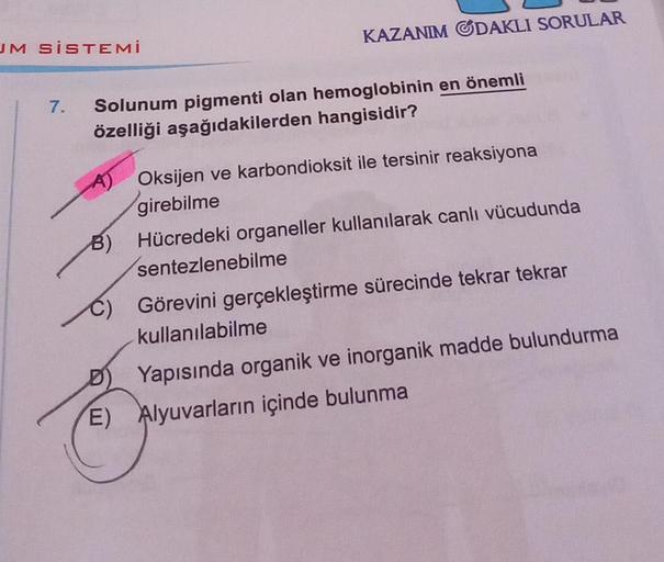JM SİSTEMİ
7.
KAZANIM ODAKLI SORULAR
Solunum pigmenti olan hemoglobinin en önemli
özelliği aşağıdakilerden hangisidir?
Oksijen ve karbondioksit ile tersinir reaksiyona
girebilme
B) Hücredeki organeller kullanılarak canlı vücudunda
sentezlenebilme
Görevini