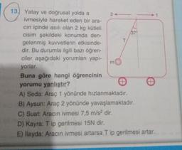 13. Yatay ve doğrusal yolda a
ivmesiyle hareket eden bir ara-
cın içinde asılı olan 2 kg kütleli
cisim şekildeki konumda den-
gelenmiş kuvvetlerin etkisinde-
dir. Bu durumla ilgili bazı öğren-
ciler aşağıdaki yorumları yapı-
yorlar.
Buna göre hangi öğrencinin
yorumu yanlıştır?
24
m
T
379
A) Seda: Araç 1 yönünde hızlanmaktadır.
B) Aysun: Araç 2 yönünde yavaşlamaktadır.
C) Suat: Aracın ivmesi 7,5 m/s² dir.
D) Kayra: Tip gerilmesi 15N dir.
E) llayda: Aracın ivmesi artarsa T ip gerilmesi artar.