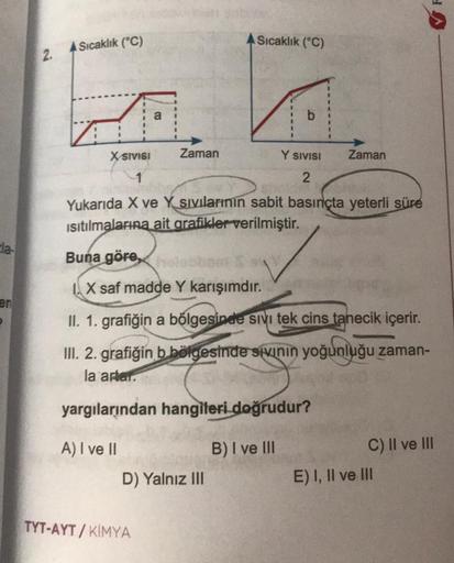 la-
en
2.
Sıcaklık (°C)
X SIVISI
a
Buna göre he
Zaman
TYT-AYT/KIMYA
Sıcaklık (°C)
Yukarıda X ve Y Sıvılarının sabit basınçta yeterli süre
Isıtılmalarına ait grafikler verilmiştir.
D) Yalnız III
b
Y SIVISI Zaman
2
X saf madde Y karışımdır.
II. 1. grafiğin a