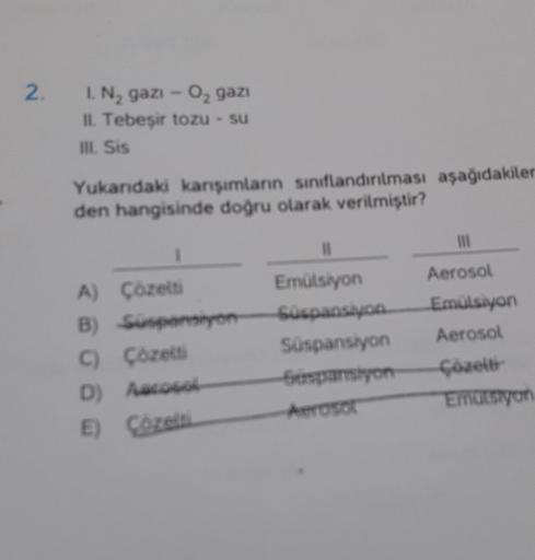 2.
1. N₂ gazi - O₂ gazi
II. Tebeşir tozu - su
III. Sis
Yukarıdaki karışımların sınıflandırılması aşağıdakiler
den hangisinde doğru olarak verilmiştir?
A) Çözelti
B) Süspansiyon
C) Çözelti
D)
Aacosol
E) Çözelti
11
Emülsiyon
Süspansiyon
Süspansiyon
Güspansiy