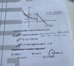 2.
fan
IV
y = f(x)
Yukarıda grafiği verilen f fonksiyonu için,
A) Yalnız I
ifadelerinden hangileri doğrudur?
B) I ve II
3nok artıyor.
f, daima azalandır. her a<bigin f(a) f(b)
a<b
îain
f(a) < f(b)
f'(-1)<f'(0) dır.
x=5 teki teğetinin eğimi -1 dir.
D) I ve III
X
C) Yalnız II
E) I, II ve Ill