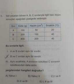 5.
Saf oldukları bilinen A, B, C sıvılarıyla ilgili bazı ölçüm
sonuçları aşağıdaki çizelgede verilmiştir.
SIVI
A
B
C
Kütle (g) Hacim (cm³) Sıcaklık (°C)
100
200
400
50
100
200
Bu sıvılarla ilgili,
1. A ve B sıvıları aynı tür sıvıdır.
B ve C sıvıları aynı tür sıvıdır.
III. Aynı sıcaklıkta, A sıvısının özkütlesi C SIVISININ
Özkütlesinden daha azdır.
yargılarından hangileri doğrudur?
A) Yalnız I
B) Yalnız II
D) II ve III
20
40
40
C) I ve II
E) I, II ve III