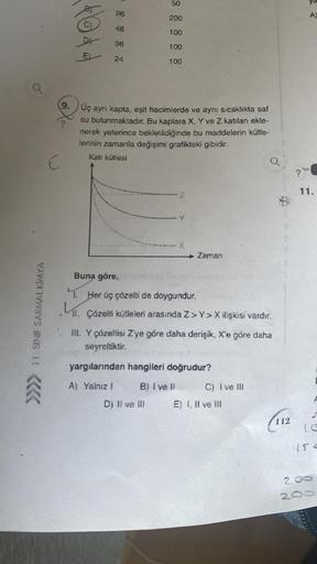 9
11. SINIF SARMAL KİMYA
>>>>
C
d@gdal
96
48
96
24
50
200
100
100
100
9. Üç ayrı kapta, eşit hacimlerde ve aynı sıcaklıkta saf
su bulunmaktadır. Bu kaplara X, Y ve Z katıları ekle-
nerek yeterince bekletildiğinde bu maddelerin kütle-
lerinin zamanla değişi