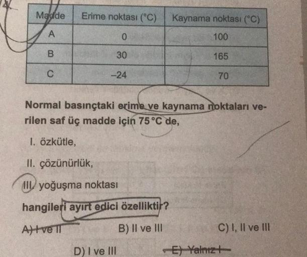 Madde
A
B
C
Erime noktası (°C)
0
30
-24
II. çözünürlük,
Il yoğuşma noktası
hangileri ayırt edici özelliktir?
Atve T
B) II ve III
Kaynama noktası (°C)
100
165
Normal basınçtaki erime ve kaynama noktaları ve-
rilen saf üç madde için 75 °C de,
1. Özkütle,
D)