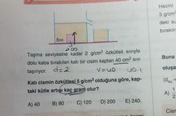 SIVI
Taşma seviyesine kadar 2 g/cm³ özkütleli sıvıyla
dolu kaba bırakılan katı bir cisim kaptan 40 cm³ SIVI
taşırıyor. d=2
V=U0
A) 40
41
200
Co.L
Katı cismin özkütlesi 5 g/cm³ olduğuna göre, kap-
taki kütle artışı kaç gram olur?
C) 120
B) 80
D) 200
E) 240
hoomi
Hacmi
3 g/cm²
deki su
bırakılı
Buna
oluşa
(dsu
A)
11
12
Cisn