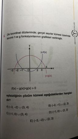 6. Dik koordinat düzleminde; gerçel sayılar kümesi üzerinde
tanımlı f ve g fonksiyonlarının grafikleri verilmiştir.
-3-2-1
O
y=f(x)
A) (-3,-2) (3, 4)
C) (-1,0) (3, 4)
23
4
y=g(x)
(f(x) = g(x)) g(x) > 0
eşitsizliğinin çözüm kümesi aşağıdakilerden hangisi-
dir?
B) (-2,-1) (2, 3)
D) (-1,0) (2, 3)
E) (-3,-2) (2, 3)
YAYINLARI
ORIJINA