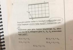 7.
L
Suya göre şekilde verilen 9, hızıyla K noktasından yüz-
meye başlayan yüzücü karşı kıyıya L noktasında çıkı-
yor.
Yüzücünün yere göre hızının büyüklüğü 92, akın-
tının hızı da 9 olduğuna göre 9₁, 92, 9a arasındaki
ilişki nedir?
A) 3₁ > 3₂> 9₂
C) 9₂> 9₂> 9₁
E) 9 > 32> 9₁
B) 92> 9₁ > 9a
D) 9a > 9₁ 92