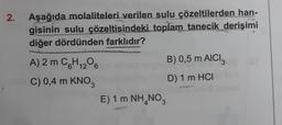 2. Aşağıda molaliteleri verilen sulu çözeltilerden han-
gisinin sulu çözeltisindeki toplam tanecik derişimi
diğer dördünden farklıdır?
A) 2 m C6H12O6
C) 0,4 m KNO3
B) 0,5 m AICI 3
D) 1 m HCI
E) 1 m NH₂NO3