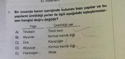 8. Bir insanda kanın içeriğinde bulunan bazı yapılar ve bu
yapıların üretildiği yerler ile ilgili aşağıdaki eşleştirmeler-
den hangisi doğru değildir?
Yapı
A) Tiroksin
Alyuvar
B)
C) Üre
D) Akyuvar
E)
Fibrinojen
Üretildiği yer
Tiroit bezi
Kırmızı kemik iliği
Karaciğer
Kırmızı kemik iliği
Mide