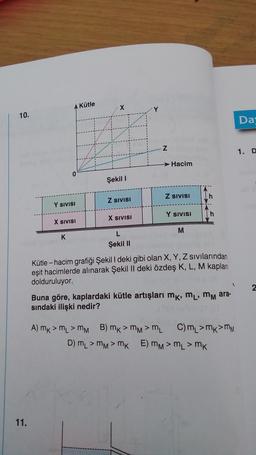 10.
11.
A Kütle
0
Y SIVISI
K
X SIVISI
X
44
Şekil I
Z SIVISI
X SIVISI
L
Şekil II
Y
N
Hacim
Z SIVISI
Y SIVISI
M
h
h
Kütle - hacim grafiği Şekil I deki gibi olan X, Y, Z sıvılarından
eşit hacimlerde alınarak Şekil II deki özdeş K, L, M kapları
dolduruluyor.
Buna göre, kaplardaki kütle artışları mk, mL, mm ara-
sındaki ilişki nedir?
A) MK > ML > MM B) mk >MM>ML C) m₁ > mk>MM
D) ML >MM>MK E) mM > ML > MK
Da
1. D