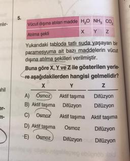 rilir-
ahil
er-
m-
5.
Vücut dışına atılan madde H₂O NH₂ CO₂
X Y Z
Atılma şekli
Yukarıdaki tabloda tatlı suda yaşayan bir
paramesyuma ait bazı maddelerin vücut
dışına atılma şekilleri verilmiştir.
Buna göre X, Y ve Z ile gösterilen yerle-
re aşağıdakilerden hangisi gelmelidir?
Z
X
A) Osmoz
Aktif taşıma
B) Aktif taşıma Difüzyon
C) Osmoz
Aktif taşıma
D) Aktif taşıma
Osmoz
-E) Osmoz
Difüzyon
Y
Difüzyon
Difüzyon
Aktif taşıma
Difüzyon
Difüzyon
legegebüpnöb xid