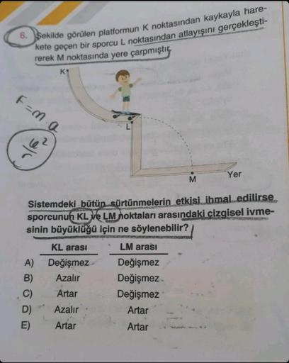 6. Sekilde görülen platformun K noktasından kaykayla hare-
kete geçen bir sporcu L noktasından atlayışını gerçekleşti-
rerek M noktasında yere çarpmıştır
K₁
F=m.a
A)
B)
C)
D)
M
Sistemdeki bütün sürtünmelerin etkisi ihmal edilirse
sporcunun KL ve LM noktala