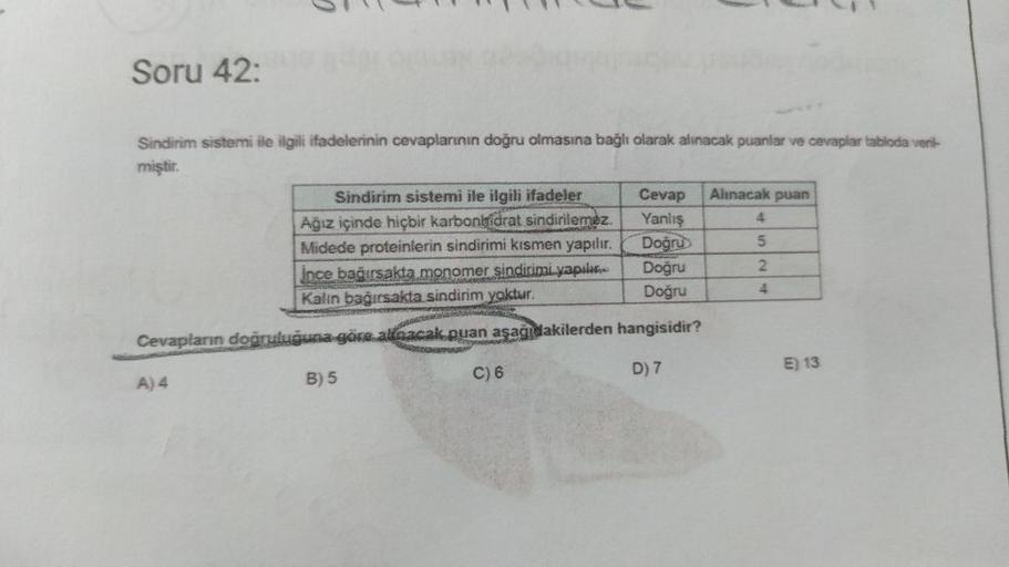 Soru 42:
Sindirim sistemi ile ilgili ifadelerinin cevaplarının doğru olmasına bağlı olarak alınacak puanlar ve cevaplar tabloda veril-
miştir.
Sindirim sistemi ile ilgili ifadeler
Ağız içinde hiçbir karbonhidrat sindirilemez.
Midede proteinlerin sindirimi