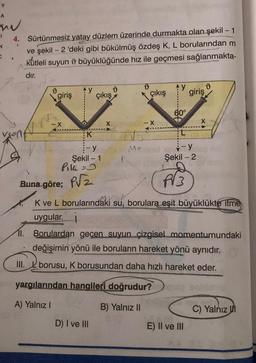 Y
w
N
C
4.
t
1
vont
Sürtünmesiz yatay düzlem üzerinde durmakta olan şekil - 1
ve şekil - 2 'deki gibi bükülmüş özdeş K, L borularından m
kütleli suyun büyüklüğünde hız ile geçmesi sağlanmakta-
dır.
11.
III.
giriş
Ay
Pila =
Buna göre; 2
K
:-Y
Şekil - 1
çıkış
X
My
D) I ve III
d
çıkış
-X
AY
yargılarından hangileri doğrudur?
A) Yalnız I
B) Yalnız II
60°
-y
Şekil - 2
PV3
K ve L borularındaki su, borulara eşit büyüklükte itme
uygular. i
giriş
D
Borulardan geçen suyun çizgisel momentumundaki
değişimin yönü ile boruların hareket yönü aynıdır.
borusu, K borusundan daha hızlı hareket eder.
E) II ve III
X
C) Yalnız