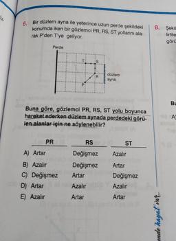 6. Bir düzlem ayna ile yeterince uzun perde şekildeki
konumda iken bir gözlemci PR, RS, ST yollarını ala-
rak P'den T'ye geliyor.
Perde
PR
P
A) Artar
B) Azalır
C) Değişmez
D) Artar
E) Azalır
S
Buna göre, gözlemci PR, RS, ST yolu boyunca
hareket ederken düzlem aynada perdedeki görü-
len alanlar için ne söylenebilir?
R
Artar
Azalır
Artar
RS
Değişmez
Değişmez
düzlem
ayna
ST
Azalır
Artar
Değişmez
Azalır
Artar
8. Şekil
lirtile
görü
ende hayat var...
BL
A