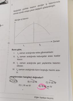 e 11
Aşağıdaki grafikte insanın akciğer iç basıncında
zaman içinde ortaya çıkan değişim gösterilmiştir.
Akiciğer iç basıncı
m
Buna göre,
$₁
1
*
t₂
→ Zaman
t₁ zaman aralığında nefes alınmaktadır.
II.
t zaman aralığında kaburgalar arası kaslar
kasılır.
D) I, III ve IV
III. t, zaman aralığında geri yaylanma basıncı
etkilidir.
IV. t zaman aralığında karın boşluğu hacmi aza-
lir.
yargılarından hangileri doğrudur?
A) Ive
B) Il ve t
C) II ve TV
E) II, II ve IV
Diğer Sayfaya Geçiniz.