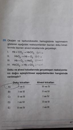 39. Oksijen ve karbondioksitin hemoglobinle taşınmasını
gösteren aşağıdaki reaksiyonlardan bazıları doku kılcal-
larında bazıları alveol kılcallarında gerçekleşir.
I.
Hb + CO, → HbCO2 doku
HbO₂ → Hb + 0₂
bru
Hb+0₂ → HbO₂
II.
III.
IV. HbCO, → Hb+
A)
B)
C)
D)
E)
Doku ve alveol kılcallarında gerçekleşen reaksiyonla-
rin doğru eşleştirilmesi aşağıdakilerden hangisinde
verilmiştir?
alked!
-CO₂ alleel
Doku kılcalları
ve II
I ve III
II ve III
I ve IV
Il ve IV
Alveol kılcalları
III ve IV
Il ve IV
I ve IV
II ve III
I ve III
47