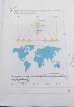 Aşağıda bir kentte Güneş'in ufukta yaptığı açının bazı tarih-
lerdeki görünümü verilmiştir.
Batı
Öğle
21 Aralık
21 Mart-23 Eylül
21 Haziran
C) III
DIV
Doğu
Buna göre, bu kent haritada işaretli olan merkezlerden
hangisi olamaz?
A) I
B) II
D) IV
A
E) V
M
A
E
8. I
15