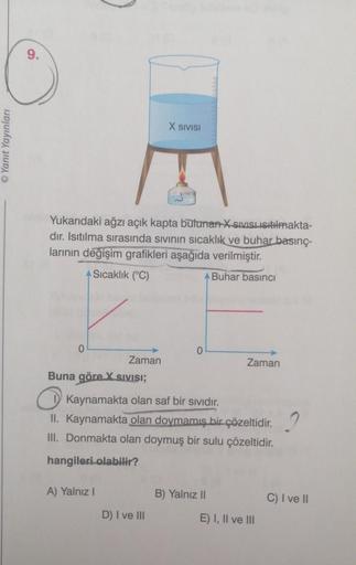 Yanıt Yayınları
Yukarıdaki ağzı açık kapta butunan X SIVISLISıtılmakta-
dır. Isıtılma sırasında sıvının sıcaklık ve buhar basınç-
larının değişim grafikleri aşağıda verilmiştir.
Sıcaklık (°C)
A Buhar basıncı
0
Zaman
Buna göre X SIVISI;
A) Yalnız I
X SIVISI