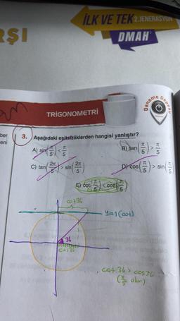 RŞI
ber
eni
8.
3. Aşağıdaki eşitsizliklerden hangisi yanlıştır?
TRIGONOMETRİ
A) sin() <
C) tan
2π
H5
T
> sin
İLK VE TEK2.JENERASYON
DMAH
2π
36
CAS3
30-136
E) cot
T
$5
<COS
D) cos
B) Jan (5) > 15/05
5
Yes (oot)
Deposu
YAYINLAR
cat 36 cos 36
(ohr)
(5) > sin (5)