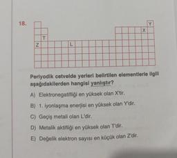 18.
N
T
L
X
Y
FIRE SOUVIDOD
Periyodik cetvelde yerleri belirtilen elementlerle ilgili
aşağıdakilerden hangisi yanlıştır?
A) Elektronegatifliği en yüksek olan X'tir.
B) 1. iyonlaşma enerjisi en yüksek olan Y'dir.
C) Geçiş metali olan L'dir.
D) Metalik aktifliği en yüksek olan T'dir.
E) Değelik elektron sayısı en küçük olan Z'dir.