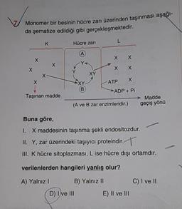 Monomer bir besinin hücre zarı üzerinden taşınması aşağı-
da şematize edildiği gibi gerçekleşmektedir.
X
X
X
K
X
X
Taşınan madde
Hücre zarı
A
XY
B
XY
D) Ive III
L
X
X
X X
ATP X
ADP + Pi
(A ve B zar enzimleridir.)
Buna göre,
1. X maddesinin taşınma şekli endositozdur.
II. Y, zar üzerindeki taşıyıcı proteindir.
III. K hücre sitoplazması, L ise hücre dışı ortamdır.
verilenlerden hangileri yanlış olur?
A) Yalnız I
B) Yalnız II
Madde
geçiş yönü
E) II ve III
C) I ve II