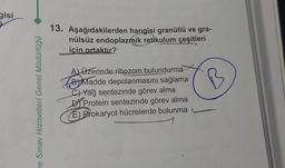 gisi
ve Sınav Hizmetleri Genel Müdürlüğü
13. Aşağıdakilerden hangisi granüllü ve gra-
nülsüz endoplazmik retikulum çeşitleri
için ortaktır?
A) Üzerinde ribozom bulundurma
BMadde depolanmasını sağlama
C) Yağ sentezinde görev alma
DProtein sentezinde görev alma
E) Prokaryot hücrelerde bulunma
B