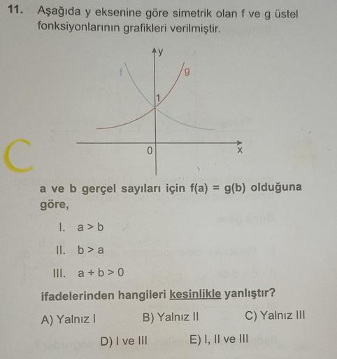 11. Aşağıda y eksenine göre simetrik olan f ve g üstel
fonksiyonlarının grafikleri verilmiştir.
C
Ay
0
1
D) I ve III
X
a ve b gerçel sayıları için f(a) = g(b) olduğuna
göre,
1.
a>b
II. b>a
III. a+b>0
ifadelerinden hangileri kesinlikle yanlıştır?
A) Yalnız 