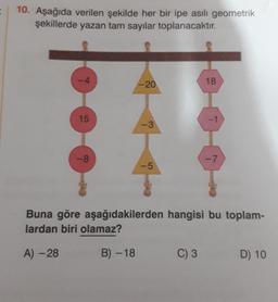 10. Aşağıda verilen şekilde her bir ipe asılı geometrik
şekillerde yazan tam sayılar toplanacaktır.
15
A) -28
-8
-20
B) -18
-3
-5
Buna göre aşağıdakilerden hangisi bu toplam-
lardan biri olamaz?
18
C) 3
-7
D) 10