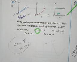 29.
0
sabit
K
A) Yalnız K
V
D) K ve L
Slent T
57254
0
||
L
→ V
B) Yalnız L
0
E<
Kütle-hacim grafikleri şekildeki gibi olan K, L, M SI-
vılarından hangilerinin sıcaklığı azalıyor olabilir?
m
E) L ve M
|||
- M
C) Yalnız M
V
3:
30015
ar