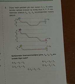 1r.
Düşey kesiti şekildeki gibi olan raylann K, L, M nokta-
lanndan serbest bırakılan üç özdeş bilye N. P. R nok-
talarından sırasıyla . p. büyüklüğündeki hızlarla
geçiyor.
A) 0 <0p<0
C) 0 = 0p=0R
N
E) OR <O<Op
P
6
Sürtünmeler önemsenmediğine göre, para-
sındaki ilişki nedir?
N₁
OR
8) 0 = 0 <0p
D) 0₂ <= R