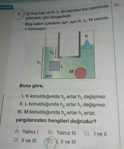 UYORUZ
9.
İçi boş kap ve K, L, M cisimleri Sıvı içerisinde
şekildeki gibi dengededir.
Boş kabın içerisine ayrı ayrı K, L, M cisimle-
ri konuluyor.
h₁
h₂
A) Yalnız I
D) II ve III
SIVI
L
M
Buna göre,
1. K konulduğunda h₂ artar h, değişmez.
II. L konulduğunda h₂ artar h, değişmez.
III. M konulduğunda h, artar h, artar.
yargılarından hangileri doğrudur?
C) I ve II
K
B) Yalnız III
(E) I, II ve III
11.