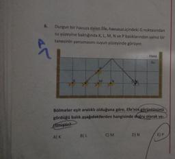 6.
Durgun bir havuza dalan Efe, havuzun içindeki G noktasından
su yüzeyine baktığında K, L, M, N ve P balıklarından yalnız bir
tanesinin yansımasını suyun yüzeyinde görüyor.
Bölmeler eşit aralıklı olduğuna göre, Efe'nin görüntüsünü
gördüğü balık aşağıdakilerden hangisinde doğru olarak ve-
ilmiştir?
A) K
B) L
C) M
Hava
Su
D) N
E) P