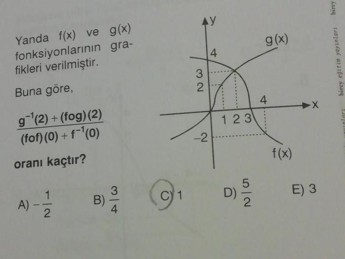 Yanda f(x) ve g(x)
fonksiyonlarının gra-
fikleri verilmiştir.
Buna göre,
g-¹(2) + (fog)(2)
(fof) (0) + f-¹(0)
oranı kaçtır?
1
A) - - 22
B)
C) 1
AY
32
-2
4
2
123
D)
g(x)
4
f(x)
E) 3
birey
birey eğitim yayınları
1000