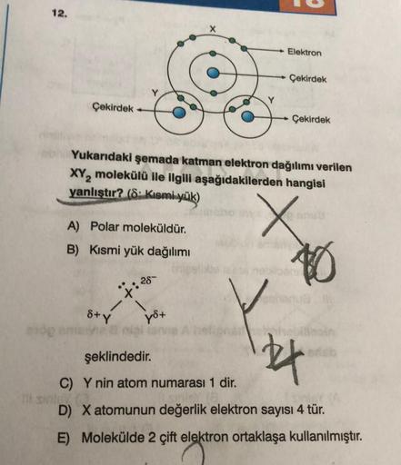 12.
mop
Çekirdek
A) Polar moleküldür.
B) Kısmi yük dağılımı
8+y
Il siniek (0
+²
1
Yukarıdaki şemada katman elektron dağılımı verilen
XY₂ molekülü ile ilgili aşağıdakilerden hangisi
yanlıştır? (8: Kısmi yük)
10
28-
X
yo+
şeklindedir.
C) Y nin atom numarası 