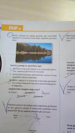 K
DUF 12
4. Semih, ormanlık bir alanda gezerken göl kenarındaki
ağaçların su yüzeyinde oluşturduğu aşağıdaki görüntüyü
izliyor.
Semih'in izlediği bu görüntüyle ilgili,
I. So yüzeyi durgun ise ağaçların su yüzeyindeki görün-
tüsü, ağaçların görüntüsü ile benzerdir.
II. Semih'in bu manzarayı gözlemlemesi, ışınların iki kez
yansıması sonucu oluşmuştur.
IN Semih, ağaçların su yüzeyinde oluşturduğu görüntüle-
rinin olduğu bölgeye bir taş atarsa gözlemlediği görün-
tü değişmez.
yargılarından hangileri doğru olur?
A) Yalnız I
B) Yalnız
D) Ive H
Gelen
ışın
Ell-vett
Pürüzsüz yansıtıcı bir yüzeye yatay doğrultuda gönderilen
bir işın, yansıtıcı yüzeye O noktasında çarptıktan sonra
yatayla 120° lik açı yaparak şekildeki gibi yansıyor.
Yatay
CN ve II
Yansıyan
isin
120°
6
7.
Birbirine pa
deki gibi ya
riliyor.
Yansıtıcı
olduğuna
deki yap
hangileri
A) Yalnız
Özdeş bi
zeylerder
liyor.
Buna gö
yarak sis
A) 4