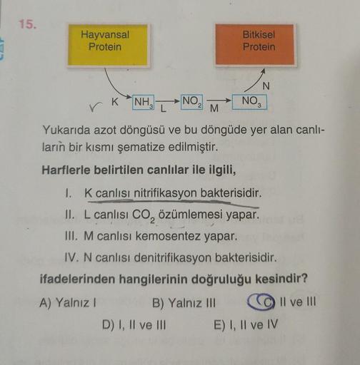 15.
Hayvansal
Protein
r
K NH₂
NO₂
2 M
Bitkisel
Protein
D) I, II ve III
Yukarıda azot döngüsü ve bu döngüde yer alan canlı-
ların bir kısmı şematize edilmiştir.
Harflerle belirtilen canlılar ile ilgili,
1. K canlısı nitrifikasyon bakterisidir.
II. L canlısı