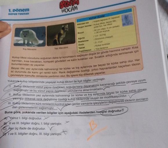1. Dönem
SÜPER TEKRAR
Kış Mevsimi
BEN
HOCAM
Yaz Mevsimi
KUTUP TİLKISI
Bilimsel Adr
: Vulpes lagopus (V. lagopus)
Yaygın İsimler: Kutup tilkisi, beyaz bilki,
polar foz, kar tilkisi
Boyut
Ağırlık
Beslenme
Ömür
Tabiat
Popülasyon
: 50 cm (dişi), 5 cm (erkek)
+