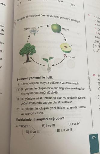 aşa-
ye-
ile
an-
lik-
uş-
ar-
Z-
Çiçek
D) Y
Aşağıda bir bitkideki üreme yöntemi şematize edilmiştir.
E) N
Meyve
D) II ve III
Tohum
Bu üreme yöntemi ile ilgili,
1. Temel olayları mayoz bölünme ve döllenmedir.
11. Bu yöntemle oluşan bitkilerin değişen çevre