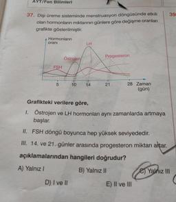 AYT/Fen Bilimleri
37. Dişi üreme sisteminde menstruasyon döngüsünde etkili
olan hormonların miktarının günlere göre değişme oranları
grafikte gösterilmiştir.
A Hormonların
oranı
FSH
5
Östrojen/
10
LH
D) I ve II
14
Progesteron
21
28 Zaman
(gün)
Grafikteki verilere göre,
1. Östrojen ve LH hormonları aynı zamanlarda artmaya
başlar.
II. FSH döngü boyunca hep yüksek seviyededir.
III. 14. ve 21. günler arasında progesteron miktarı aktar.
açıklamalarından hangileri doğrudur?
A) Yalnız I
B) Yalnız II
E) II ve III
39
C)Yalnız III
(