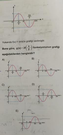 O
TC TU
2
Yukarıda f(x) = sinx'in grafiği verilmiştir.
Buna göre, g(x) = 2f
A)
X fonksiyonunun grafiği
2
aşağıdakilerden hangisidir?
C)
B)
2
the t
-11
MAR
3Tt
2.......
per
3T
O
2π
74TX
E)
O
2T
T2T
D)
3π 4T
3π
ten
2
X
4T
➜X
2π