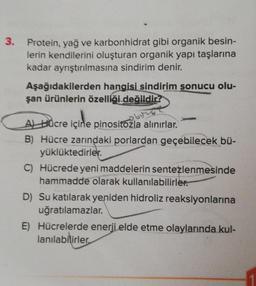 3. Protein, yağ ve karbonhidrat gibi organik besin-
lerin kendilerini oluşturan organik yapı taşlarına
kadar ayrıştırılmasına sindirim denir.
Aşağıdakilerden hangisi sindirim sonucu olu-
şan ürünlerin özelliği değildir?
Aucre içine pinositozla alınırlar.
B) Hücre zarındaki porlardan geçebilecek bü-
yüklüktedirler.
C) Hücrede yeni maddelerin sentezlenmesinde
hammadde olarak kullanılabilirler.
D) Su katılarak yeniden hidroliz reaksiyonlarına
uğratılamazlar.
E) Hücrelerde enerji elde etme olaylarında kul-
lanılabilirler.