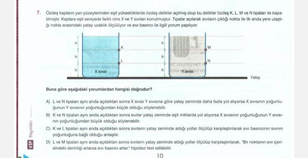 1
VIP Yayınları
7. Özdeş kaplanın yan yüzeylerinden eşit yüksekliklerde özdeş delikler açılmış olup bu delikler özdeş K, L, M ve N tipaları ile kapa-
tılmıştır. Kaplara eşit seviyede farklı cins X ve Y sivilan konulmuştur. Tipalar açılarak sıvıların çıktığ