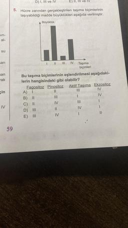 sin-
al-
su
şarı
man
rak
cin
IV
59
D) I, III ve IV
5. Hücre zarından gerçekleştirilen taşıma biçimlerinin
taşıyabildiği madde büyüklükleri aşağıda verilmiştir.
Büyüklük
J.J
I
|| ||| IV Taşıma
biçimleri
E) II, Ive IV
Bu taşıma biçimlerinin eşlendirilmesi aşağıdaki-
lerin hangisindeki gibi olabilir?
Fagositoz Pinositoz Aktif Taşıma Ekzositoz
A) I
||
IV
B)
II
C) II
D) III
E) III
= M = W
|||
IV
IV
|||
1
|||
IV
1
IV
1
1
11-