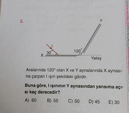 2.
X
30
120°
Yatay
Aralarında 120° olan X ve Y aynalarında X aynası-
na çarpan I ışın şekildeki gibidir.
Buna göre, I ışınının Y aynasından yansıma açı-
si kaç derecedir?
A) 60
B) 55 C) 50
D) 45 E) 30
İTİMDÜNYASIEĞİTİMDÜNYASIEĞİTİMDÜNYASIEĞİ