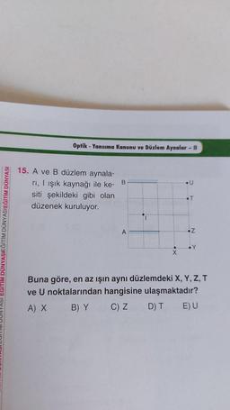 EGITIM DÜNYASIEĞİTİM DÜNYASIEĞİTİM DÜNYASI
Optik - Yansıma Kanunu ve Düzlem Aynalar - 11
15. A ve B düzlem aynala-
rı, I ışık kaynağı ile ke-
siti şekildeki gibi olan
düzenek kuruluyor.
B
A
X
T
Z
Buna göre, en az ışın aynı düzlemdeki X, Y, Z, T
ve U noktalarından hangisine ulaşmaktadır?
A) X
B) Y
C) Z
D) T
E) U