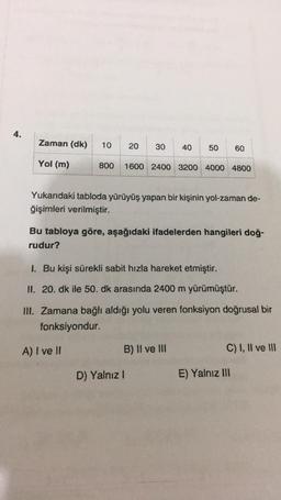 4.
Zaman (dk) 10 20
Yol (m)
30
40
800 1600 2400 3200 4000 4800
50 60
Yukarıdaki tabloda yürüyüş yapan bir kişinin yol-zaman de-
ğişimleri verilmiştir.
Bu tabloya göre, aşağıdaki ifadelerden hangileri doğ-
rudur?
B) II ve III
D) Yalnız I
1. Bu kişi sürekli sabit hızla hareket etmiştir.
II. 20. dk ile 50. dk arasında 2400 m yürümüştür.
III. Zamana bağlı aldığı yolu veren fonksiyon doğrusal bir
fonksiyondur.
A) I ve II
C) I, II ve III
E) Yalnız III