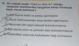15. Bir nükleik asidin "DNA mi RNA mi" olduğu
aşağıdaki özelliklerden hangisine sahip olmasıyla
kesin olarak belirlenir?
A) Eşit sayıda fosfat ve pentoz içermesine
B) Hücre bölünmesinden önce kendini eşlemesine
C)Yapısında dört çeşit nükleotit bulundurmasına
DEşit sayıda pürin ve pirimidin bazı bulundurmasına
E) Nükleotitleri arasında fosfodiester bağı kurmasına